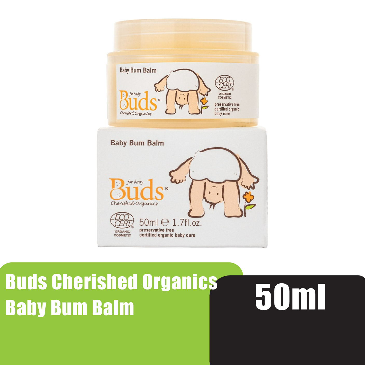 Buds Cherished Oragnic Vitamin E Baby Bum Balm 50ml with jojoba oil,sunflower oil& shea butter - ( For Soothing)