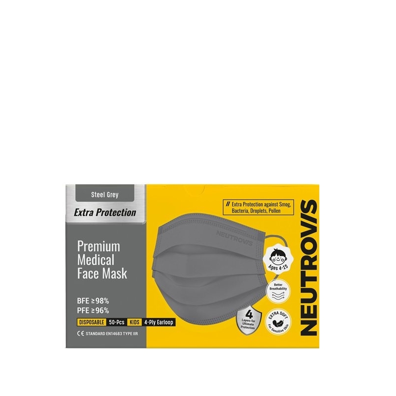 Neutrovis Medical Face Mask 4ply (Kids) - Steel Grey (Extra Protec Premium Series - Ultra Soft) 50's