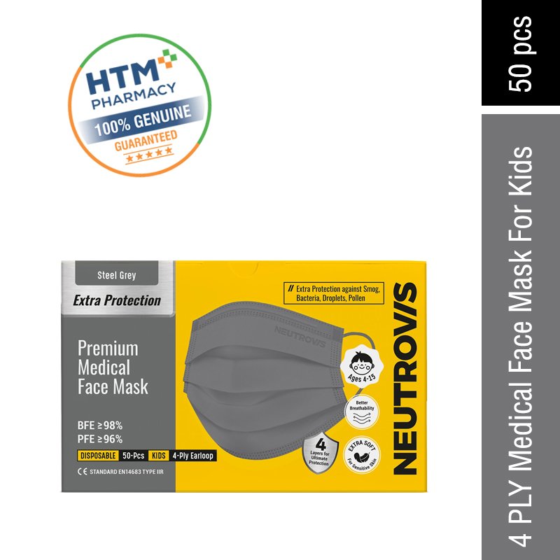 Neutrovis Medical Face Mask 4ply (Kids) - Steel Grey (Extra Protec Premium Series - Ultra Soft) 50's
