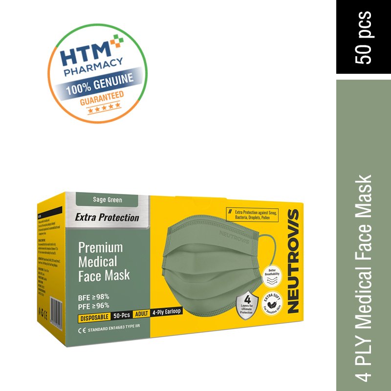 Neutrovis Medical Face Mask 4ply - Sage Green (Extra Protection Premium Series - Ultra Soft) 50's