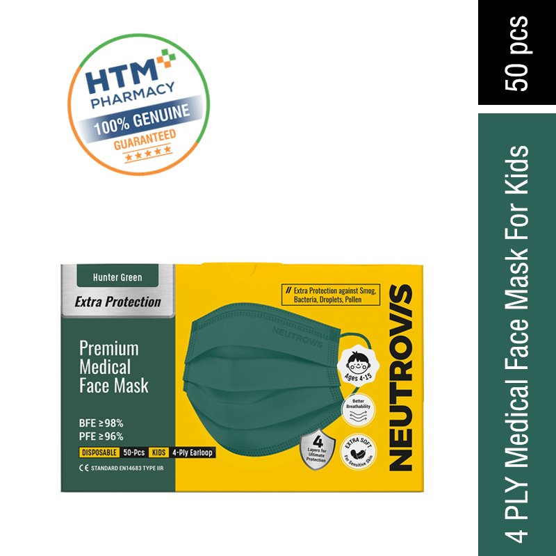 Neutrovis Medical Face Mask 4ply (Kids) - Hunter Green (Extra Protection Premium Series - Ultra Soft) 50's