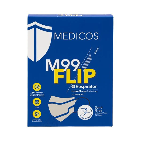 Medicos 5ply M99 Flip Respirator Earloop 3D 10's - Sand Grey