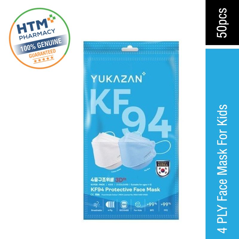 [HTM Online Exclusive] Yukazan KF94 Protective Face Mask 50's (Kids) - Sky Blue & Cotton White