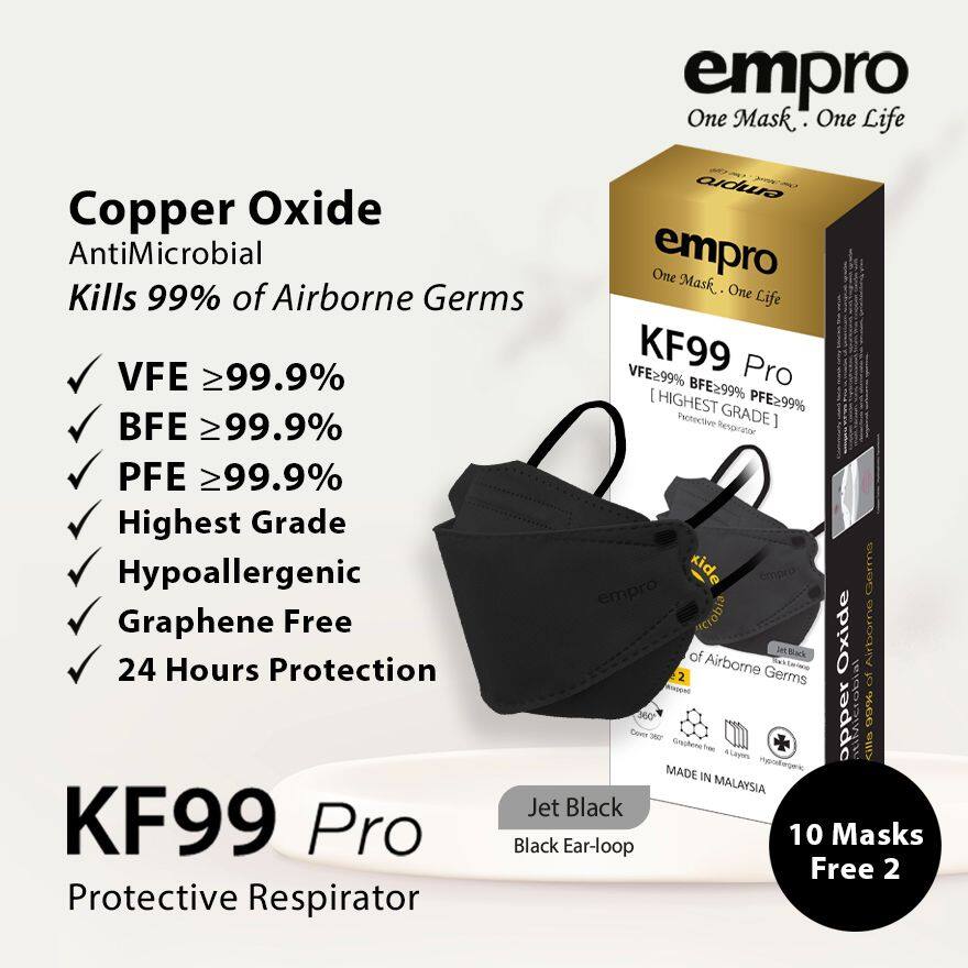 Empro KF99 Pro Respirator Copper Oxide Antimicrobial Face Mask 12's - Jet Black