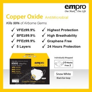 Empro KN95 Max Pro Respirator Copper Oxide Antimicrobial Face Mask 12's - Snow White