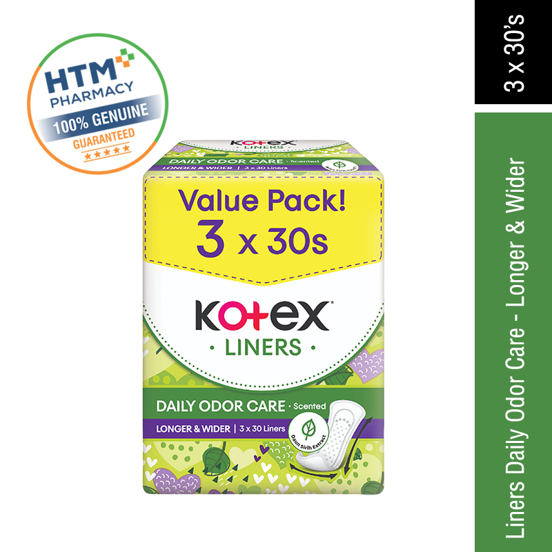 Kotex Liners Daily Odor Care 30's x 3 - Longer & Wider