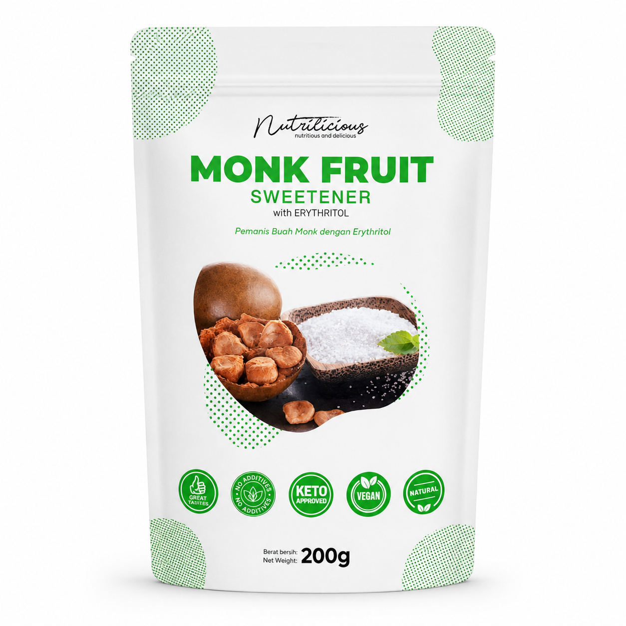 NUTRILICIOUS Monk Fruit Sweetener Organic 200g ( 0 calories Sugar/ Keto Sugar / Keto Sweetener)